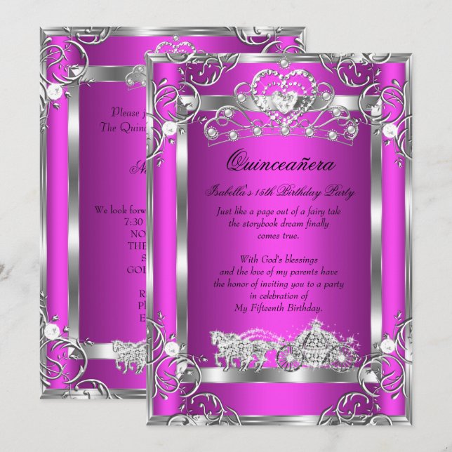 Convite Princesa Quinceanera Festa de 15 Anos Rosa Prata (Frente/Verso)