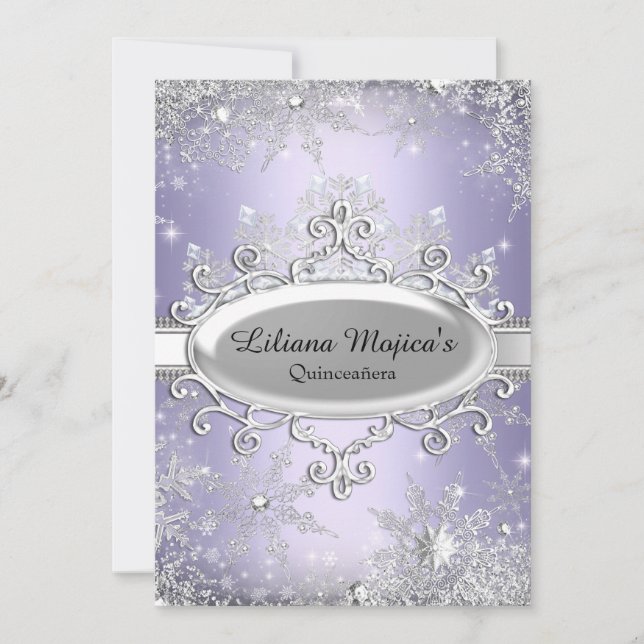 Convite Princesa Quinceanera Floco de Neve de Cristal Roxo (Frente)