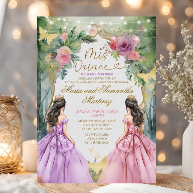 Convite Princesa Quinceañera, Gêmea Floresta Rosa e Roxa (Criador carregado)