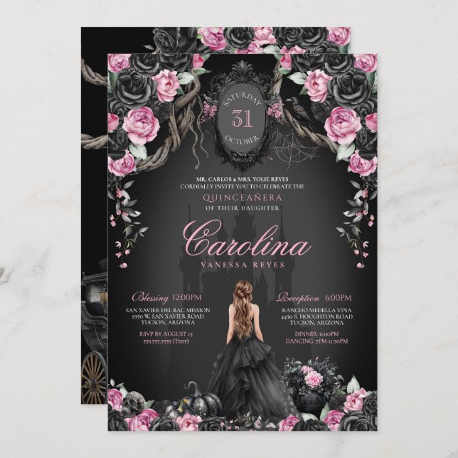 Convite Princesa Quinceanera Gótica Preta Rosa-Rosa-Rosa-R (Frente/Verso)