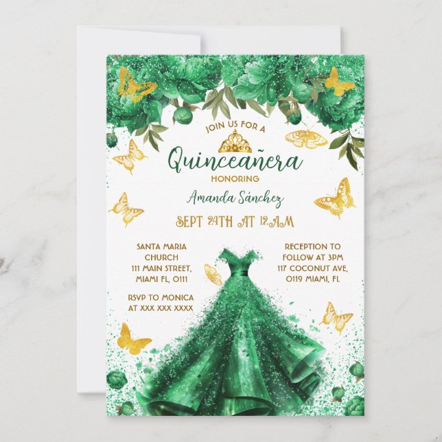 Convite Princesa Quinceanera Green Floral (Frente)