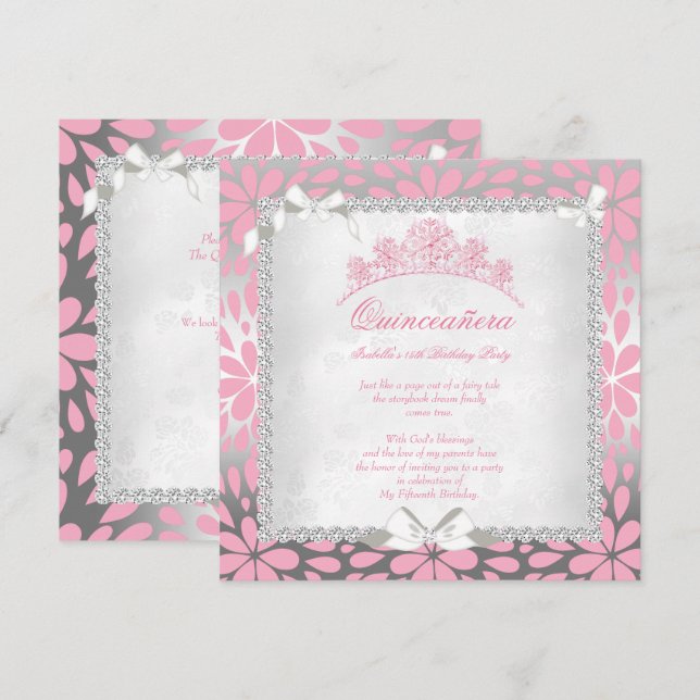 Convite Princesa Quinceanera Lindas Flores Rosa Aniversári (Frente/Verso)