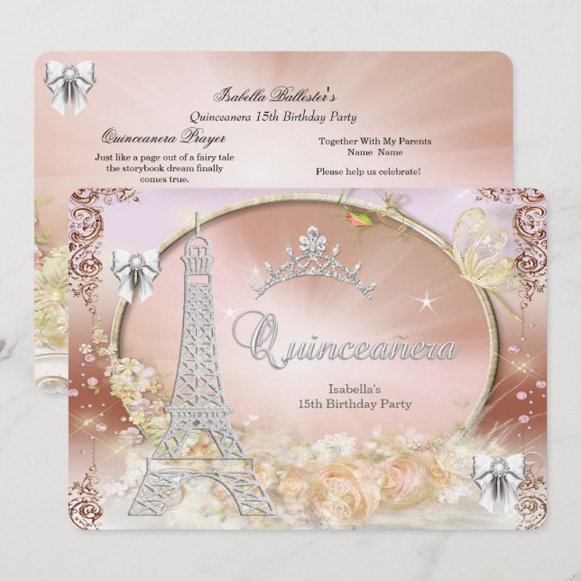 Convite Princesa Quinceanera Magia Creme Prata (Frente/Verso)