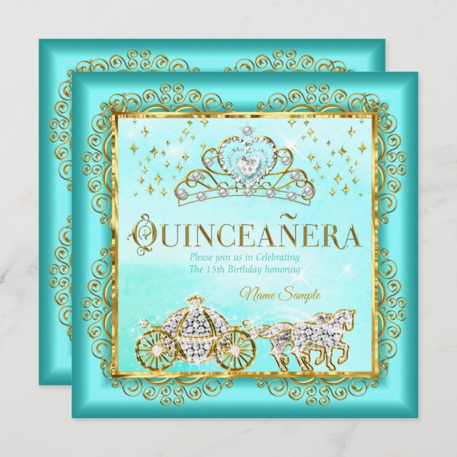 Convite Princesa Quinceañera magia Teal Blue Dourado (Frente/Verso)