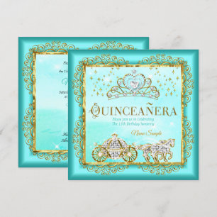 Convite Princesa Quinceañera mágica Azul Turquesa Dourado