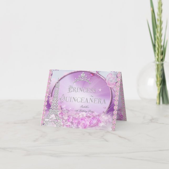 Convite Princesa Quinceanera Mágica Púrpura Rosa Dobrada (Frente)