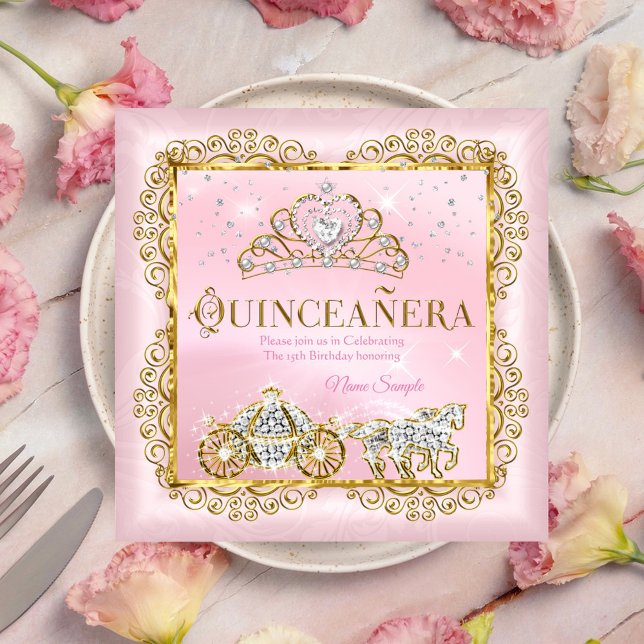 Convite Princesa Quinceañera mágico Rosa Dourado Blush (Criador carregado)