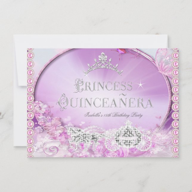 Convite Princesa Quinceanera Mágico Rosa Roxo Prata 3 (Frente)