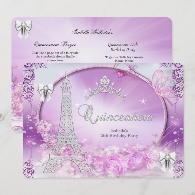 Convite Princesa Quinceanera Mágico Roxo Prata (Frente/Verso)