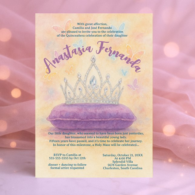 Convite Princesa Quinceañera Pastel Watercolor Crown (Princess Quinceañera Pastel Watercolor Crown Invitation)