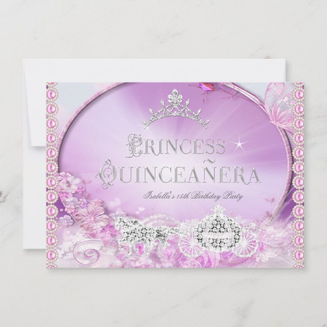 Convite Princesa Quinceanera Prata Púrpura Rosa Mágica 3 (Frente)