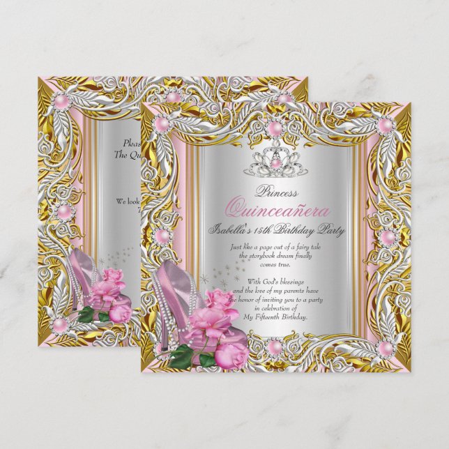 Convite Princesa Quinceanera Prata Rosa Dourado (Frente/Verso)
