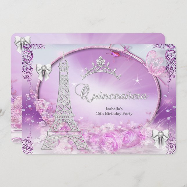 Convite Princesa Quinceanera Prata Roxo Mágico (Frente/Verso)