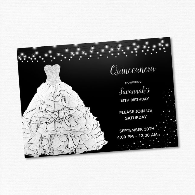 Convite Princesa Quinceanera Preta com Vestido Branco Luze (Criador carregado)