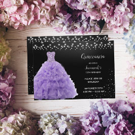 Convite Princesa Quinceanera Preta com Vestido Lilás Claro