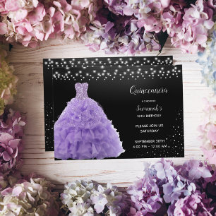 Convite Princesa Quinceanera Preta com Vestido Lilás Claro