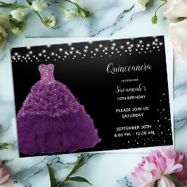 Convite Princesa Quinceanera Preta com Vestido Roxo e Luze