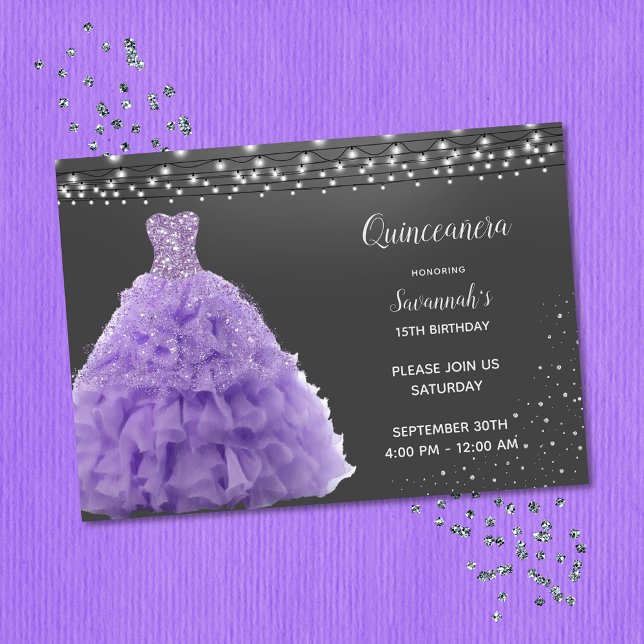 Convite Princesa Quinceanera Preta Vestido Lavanda Luzes (Criador carregado)