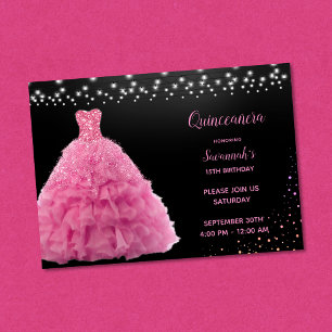 Convite Princesa Quinceanera Preta Vestido Rosa Luzes