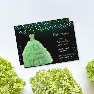 Convite Princesa Quinceanera Preta Vestido Verde Lima Luze