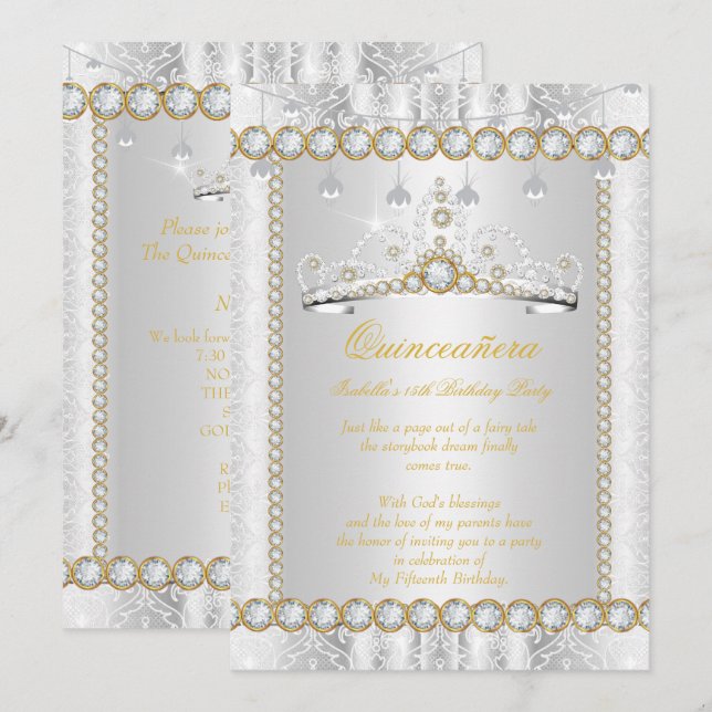 Convite Princesa Quinceanera Renda Diamante Ouro Prata (Frente/Verso)