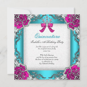 Convite Princesa Quinceanera Rosa Água Teal Aniversário de