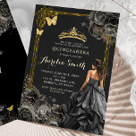 Convite Princesa Quinceañera, Rosa Dourada e Negra<br><div class="desc">Rosas Douradas Elegantes e Negras Princesa Quinceañera Convite</div>