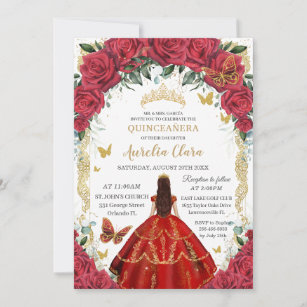 Convite Princesa Quinceañera Rosa vermelha Floral Vintage 