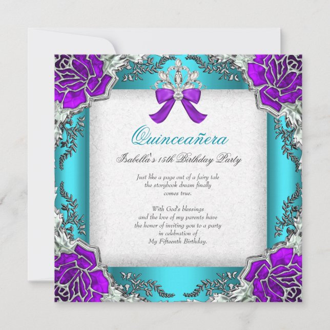 Convite Princesa Quinceanera Roxo Azul Turquesa Aniversári (Frente)