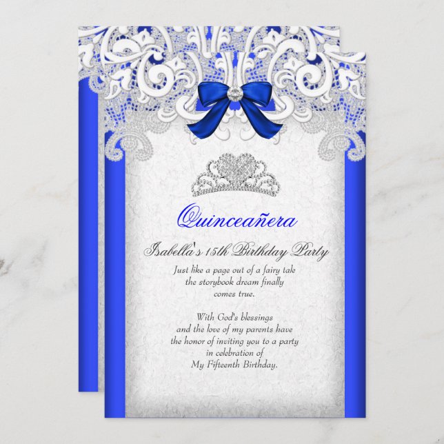 Convite Princesa Quinceanera Royal Blue 15 Birthday (Frente/Verso)