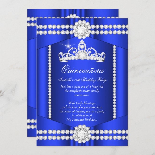 Convite Princesa Quinceanera Royal Blue Diamond Tiara (Frente/Verso)