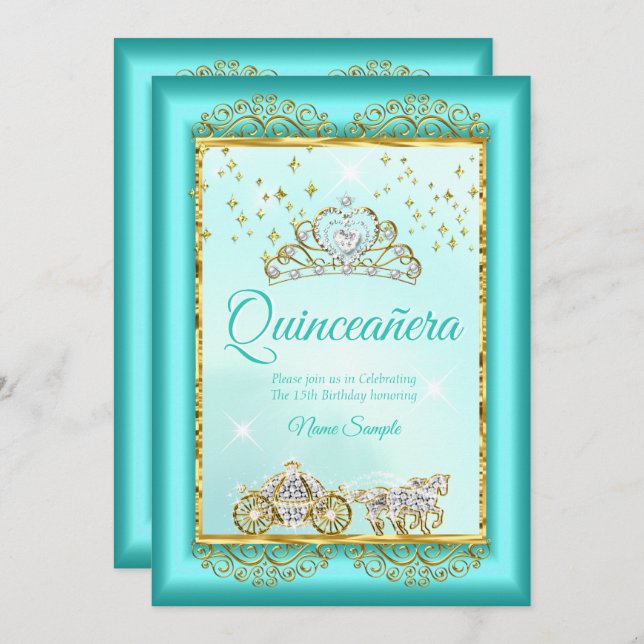 Convite Princesa Quinceañera Teal Blue Dourado conto (Frente/Verso)