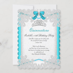 Convite Princesa Quinceanera Teal Blue Lace Festa de anive