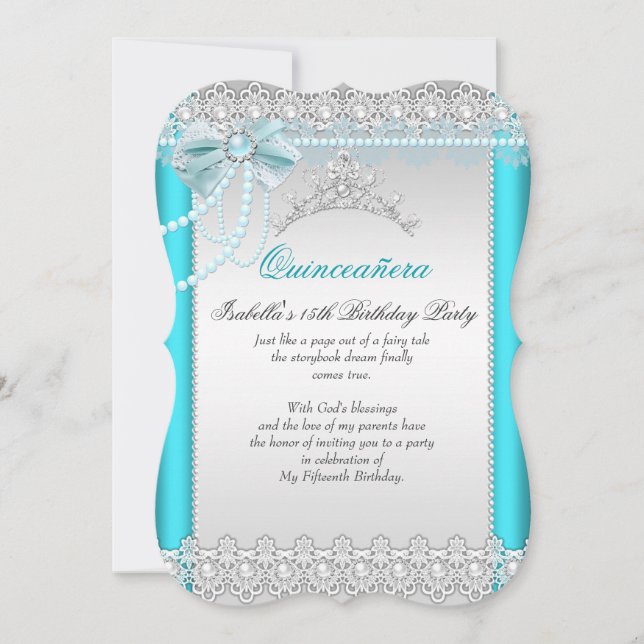 Convite Princesa Quinceanera Tiara de Renda Azul Teal com  (Frente)
