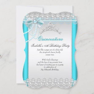 Convite Princesa Quinceanera Tiara de Renda Azul Teal com 