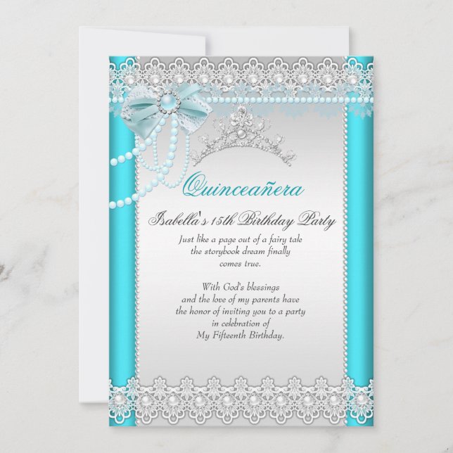 Convite Princesa Quinceanera Tiara de Renda Azul Teal com  (Frente)