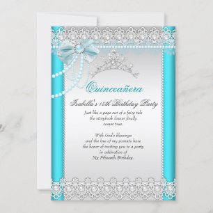 Convite Princesa Quinceanera Tiara de Renda Azul Teal com 