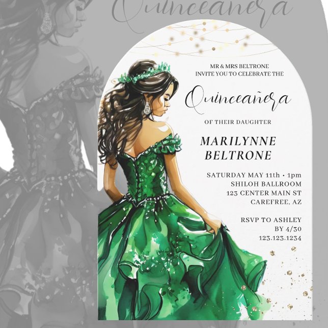 Convite Princesa Quinceañera Verde Esmeralda Dourada (Criador carregado)