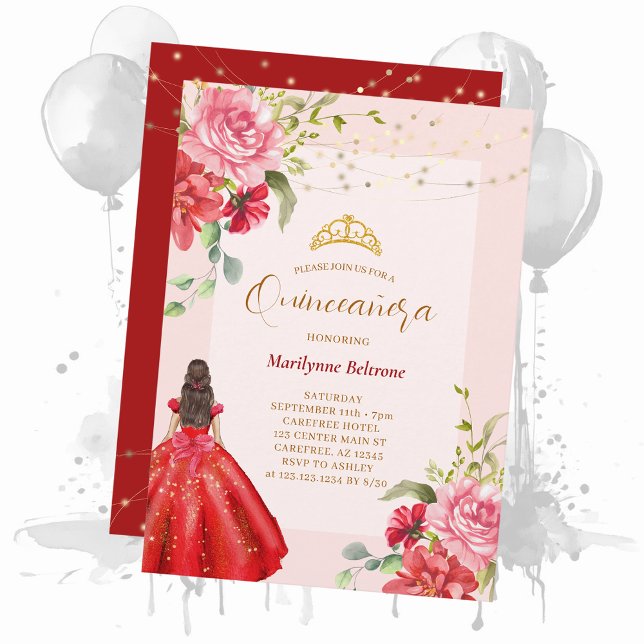 Convite Princesa Quinceañera Vermelha Floral (Criador carregado)