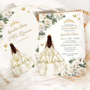 Convite Princesa Quinceañera White Rosas de Marfim Dourado