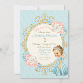 Convite Princesa Real de Conto de Fadas Bege Dourado Aqua