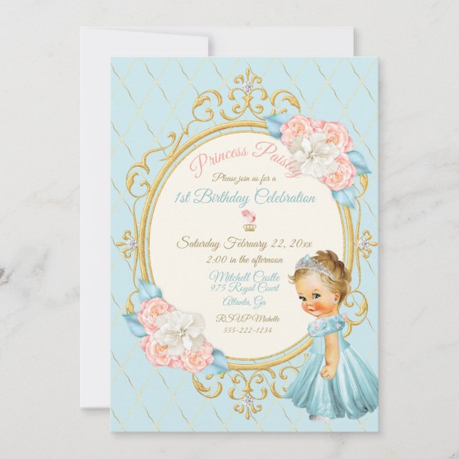 Convite Princesa Real de Conto de Fadas Bege Dourado Aqua (Frente)
