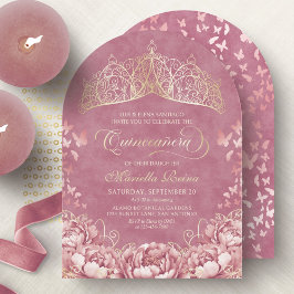 Convite Princesa Real Dourada Rosa Blush Quinceanera