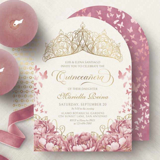Convite Princesa Real Dourada Rosa Blush Quinceanera (Criador carregado)