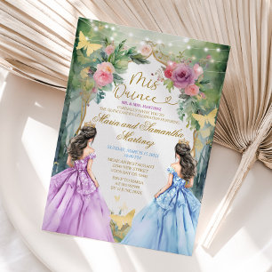 Convite Princesa Real Gêmea Roxa e Azul Quinceañera