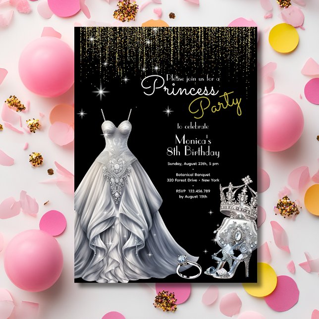 Convite Princesa Real Prateada Aniversário Preto (Criador carregado)