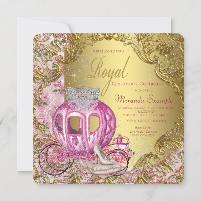 Convite Princesa Real Quinceañera Rosa e Dourado (Frente)