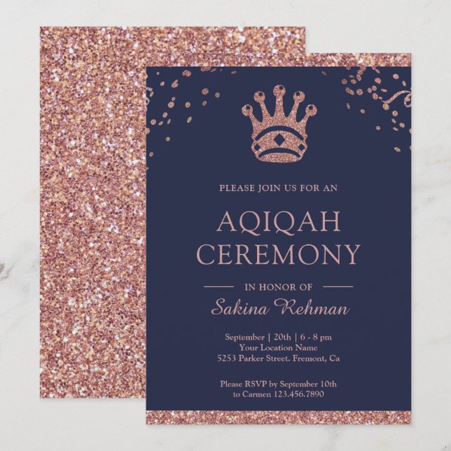 Convite Princesa Real Rosa Dourado Brilho Aqeeqah | Aqiqah (Frente/Verso)
