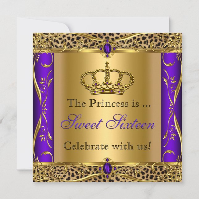 Convite Princesa Regal Purple Leopard Sweet 16 Party (Frente)