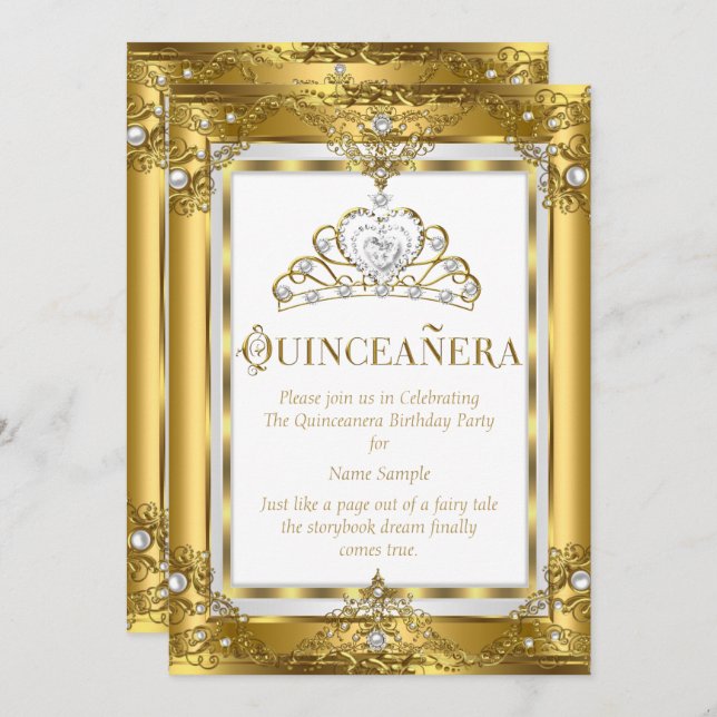 Convite Princesa Regal Quinceanera 15 Dourada Pérola Branc (Frente/Verso)